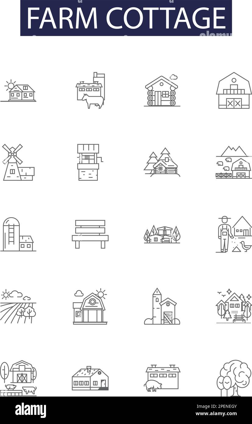 Farm cottage line vector icons and signs. Cottage, Agritourism, Croft, Dairy, Acreage, Ranch, Rural, Log outline vector illustration set Stock Vector