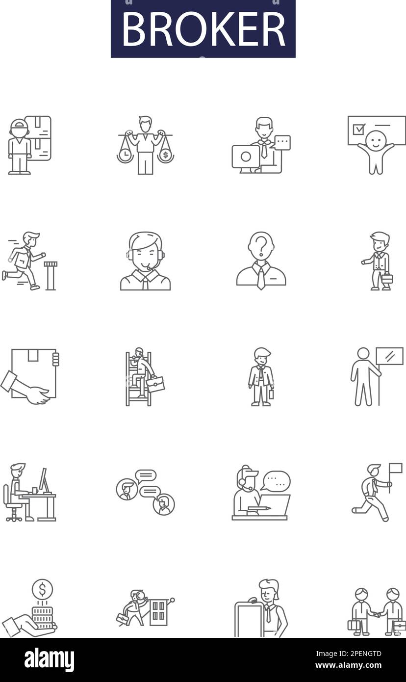Broker line vector icons and signs. Trader, Dealer, Intermediary, Agent