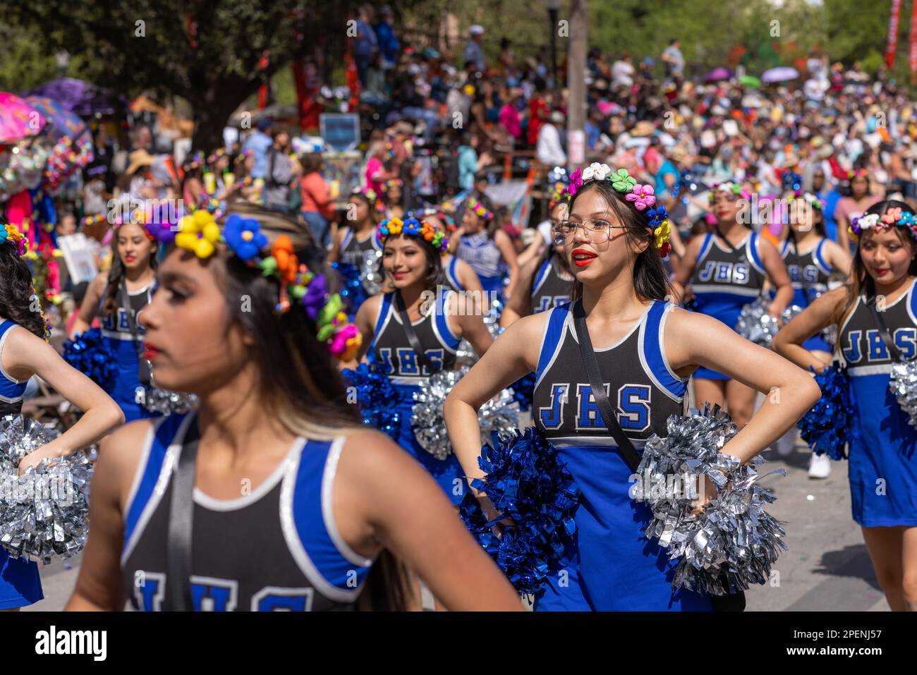 San Antonio, Texas, USA - April 8, 2022: The Battle of the Flowers Parade, John Jay High School marching band performing at the parade Stock Photo