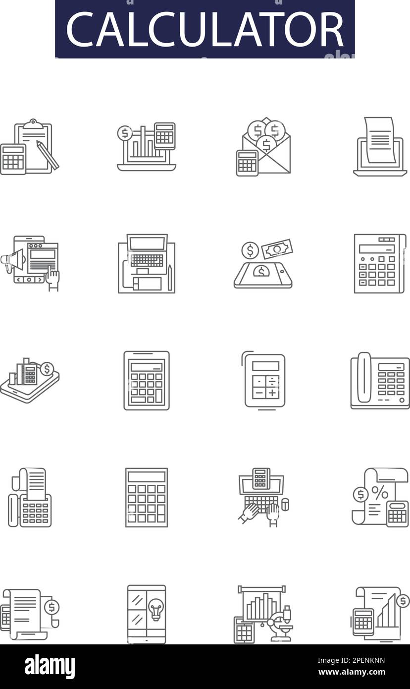 Calculator line vector icons and signs. Compute, Math, Calculate, Count, Sum, Calculating, Analysis, Tax outline vector illustration set Stock Vector