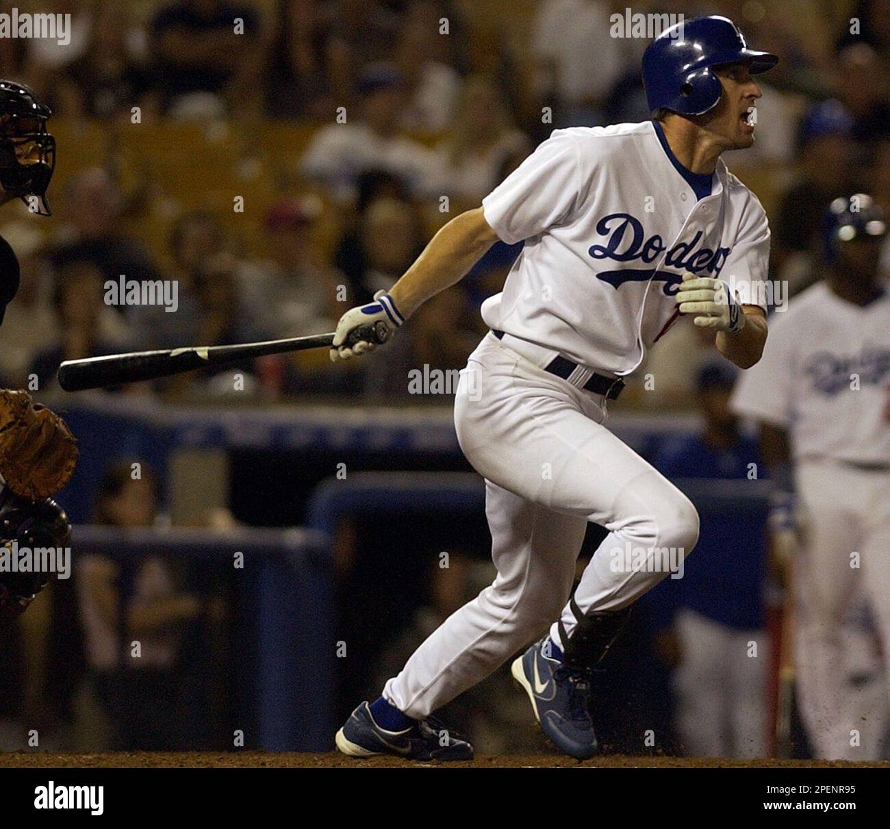 Los Angeles Dodgers' Steve Finley follows through on a game