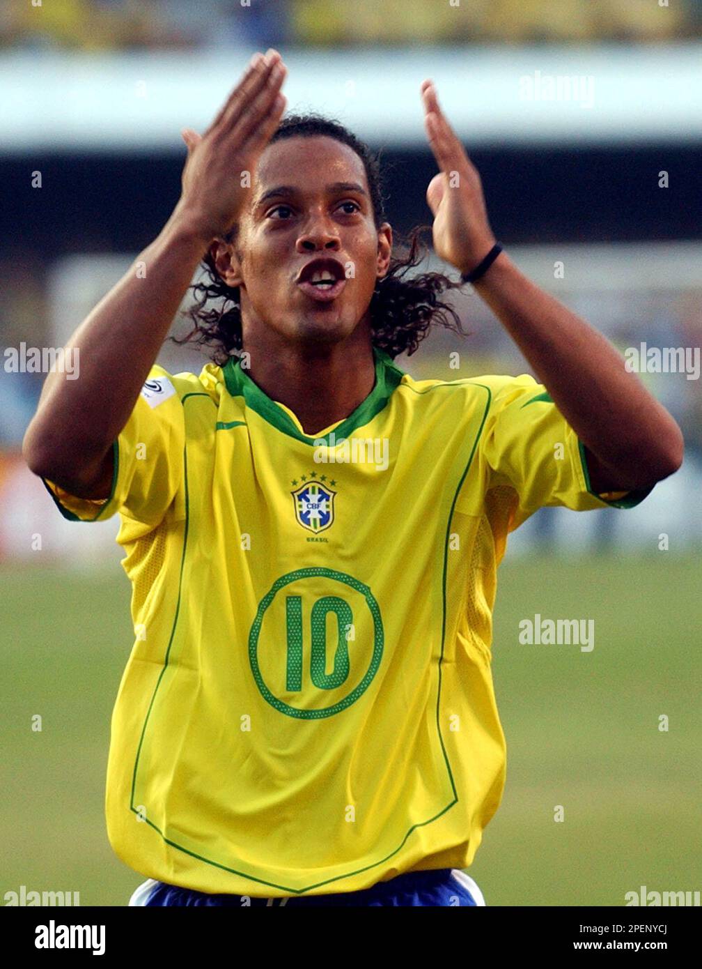 Brazilian Ronaldinho Gaucho celebrates his goal against Bolivia at