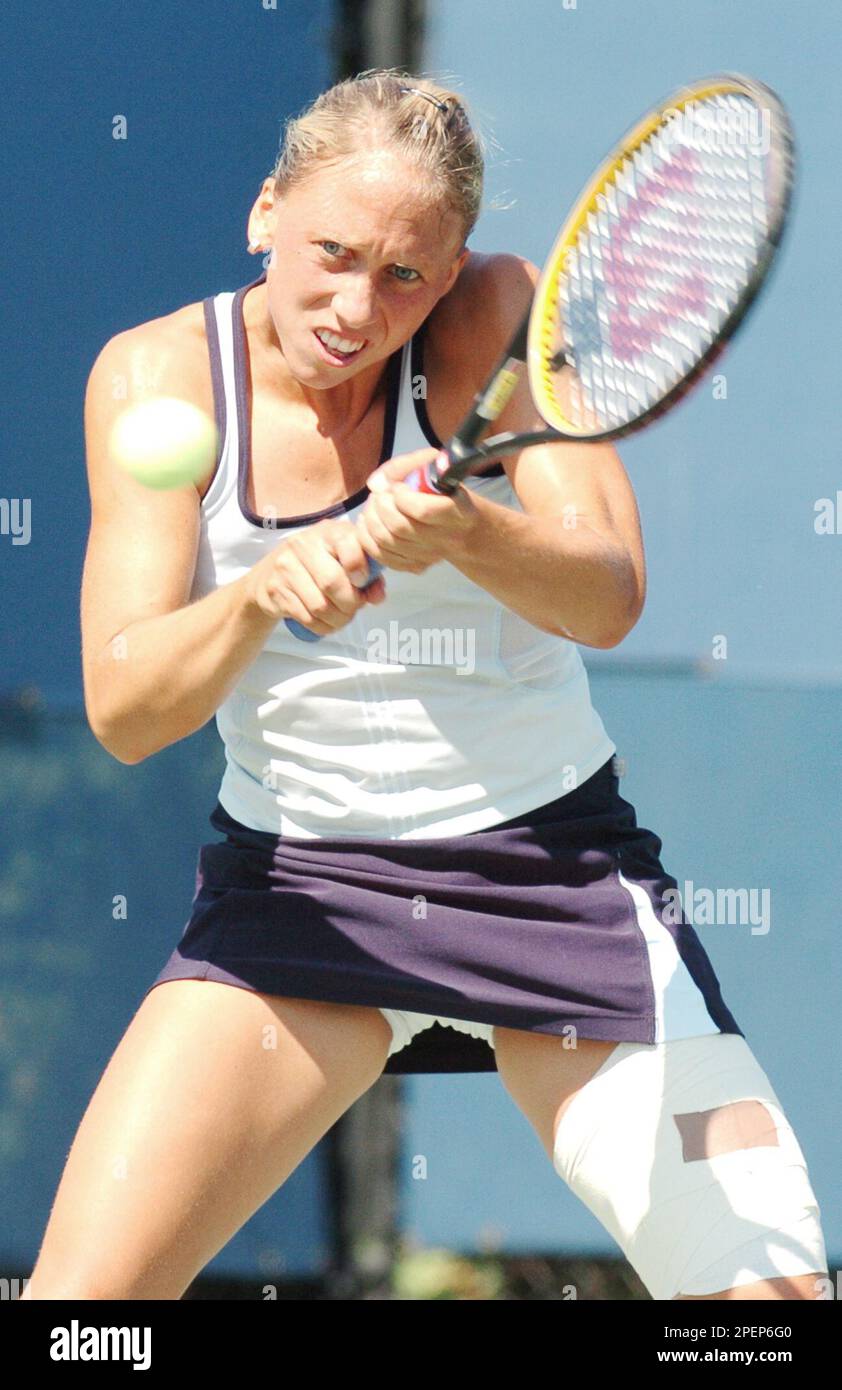 Julia Schruff of Germany returns a shot to Maria Vento-Kabchi of Venezuela at the U.S. Open tennis tournament in New York Wednesday Sept. 1, 2004. (AP Photo/Louis Lanzano) Stock Photo