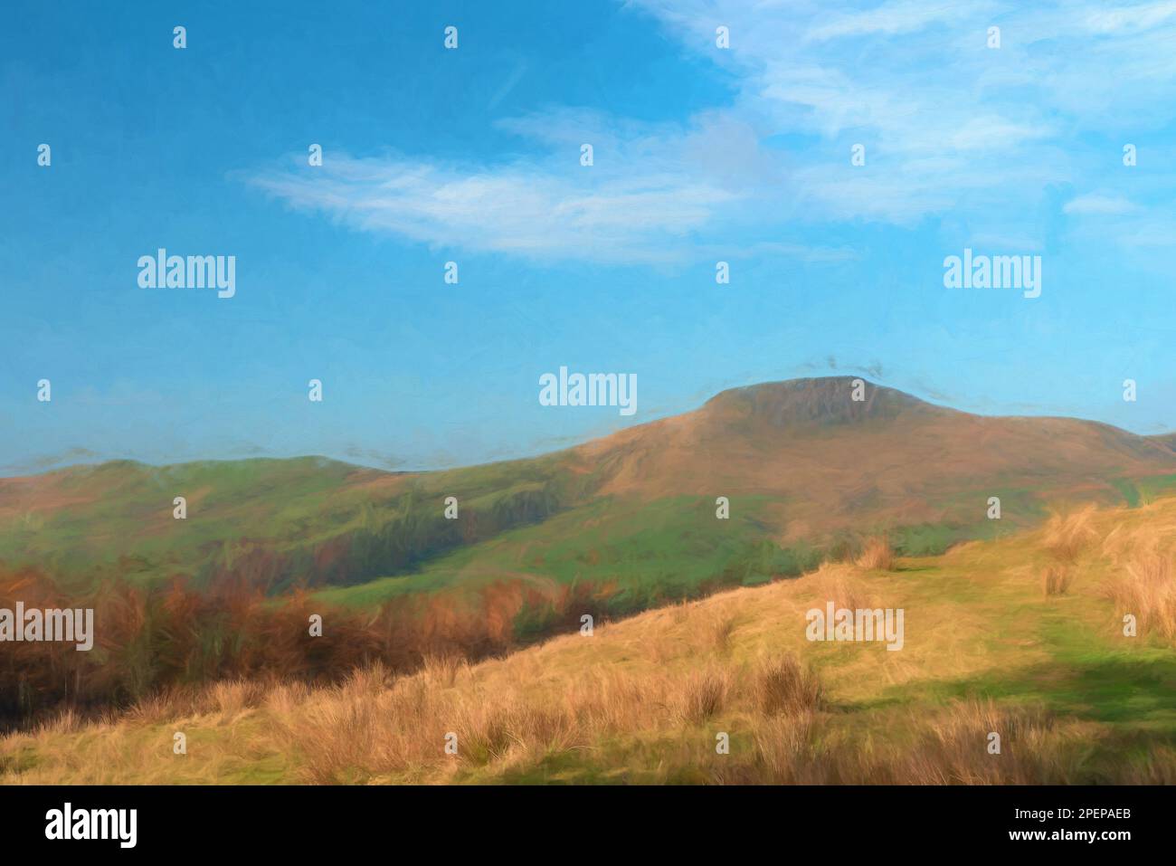 A digital watercolour of the view to a distant Shutlingsloe hill in Cheshire, Peak District National Park. Stock Photo