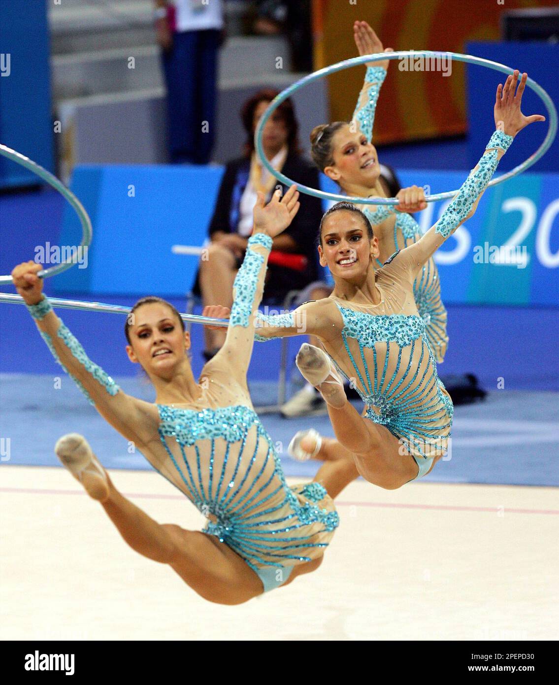 Italy team performs with hoops and balls during the rhythmic gymnastic