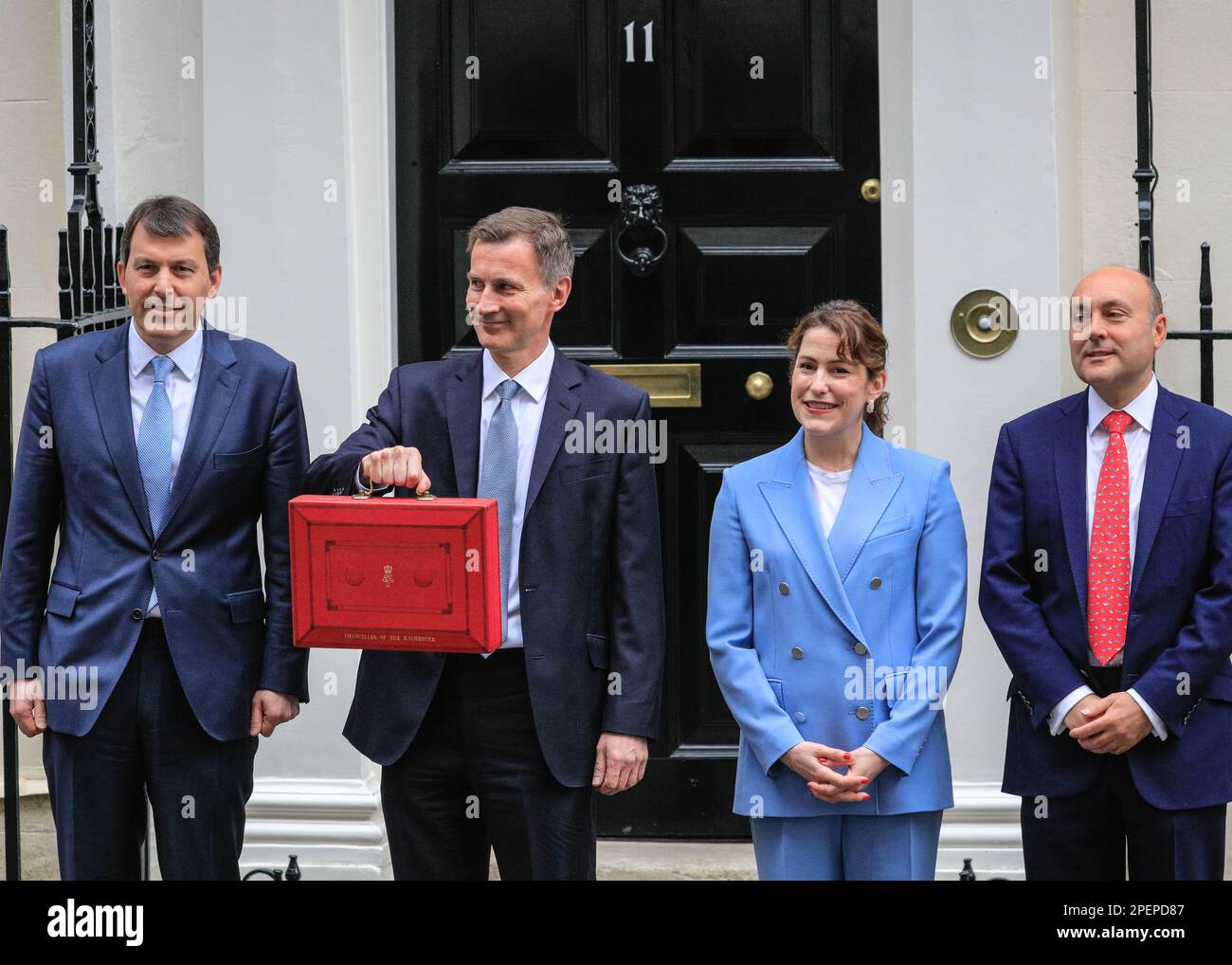 London, UK. 15th Mar, 2023. (l-t-r) John Glen, Jeremy Hunt, Victoria Atkins, Andrew Griffith. Jeremy Hunt, MP, Chancellor of the Exchequer outside No 11 Downing Street with the iconic red despatch box, which the briefcase is known as, before he delivers the Spring Budget to Parliament. Credit: Imageplotter/Alamy Live News Stock Photo