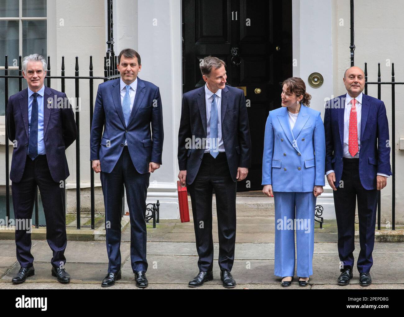 London, UK. 15th Mar, 2023. (l-t-r) James Cartlidge, John Glen, Jeremy Hunt, Victoria Atkins, Andrew Griffith. Jeremy Hunt, MP, Chancellor of the Exchequer outside No 11 Downing Street with the iconic red despatch box, which the briefcase is known as, before he delivers the Spring Budget to Parliament. Credit: Imageplotter/Alamy Live News Stock Photo