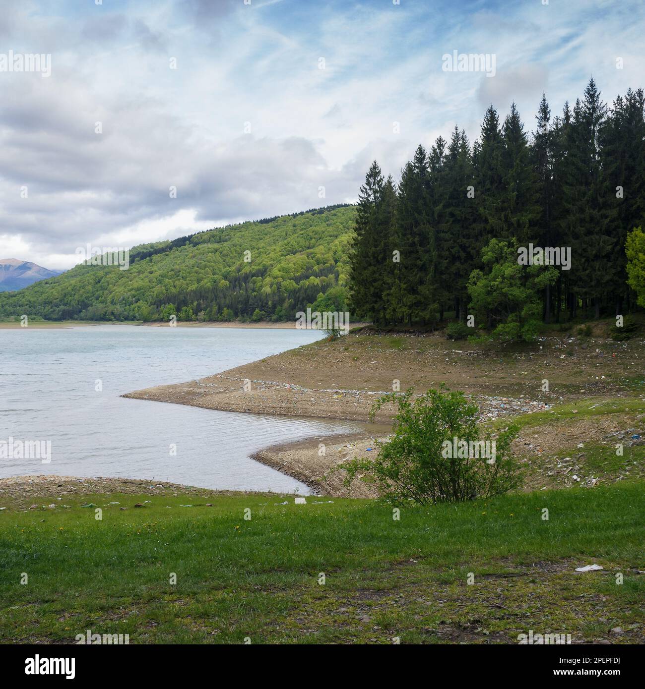 tereblya river water reserve. beautiful landscape in mountains polluted with plastic and garbage. drought in spring season Stock Photo