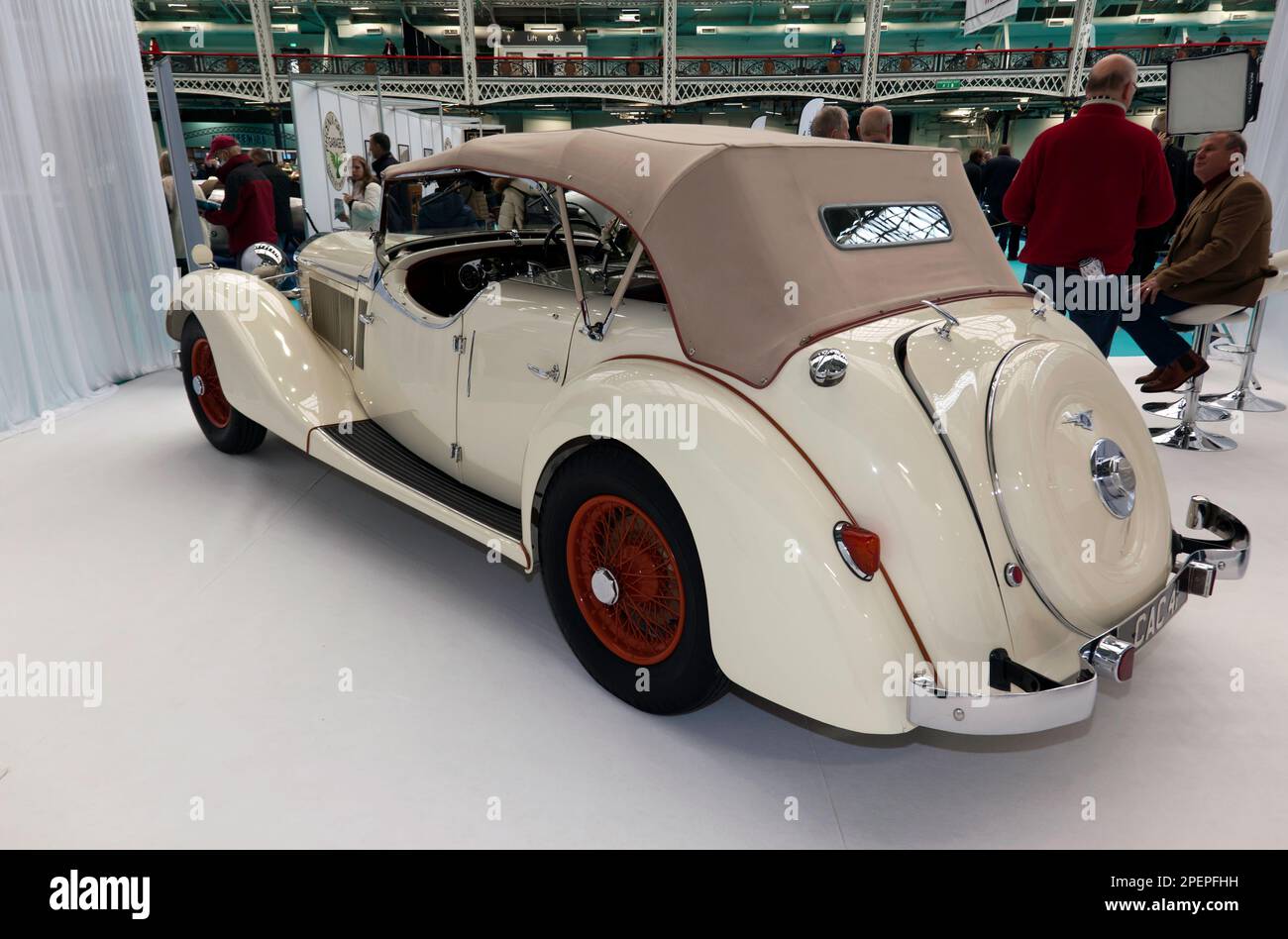 Three-Quarters Rear View of a  White, 1938, Jensen S Type 3.5 Litre Dual Cowl Tourer, on display at the Studio 434 Stand, Stock Photo