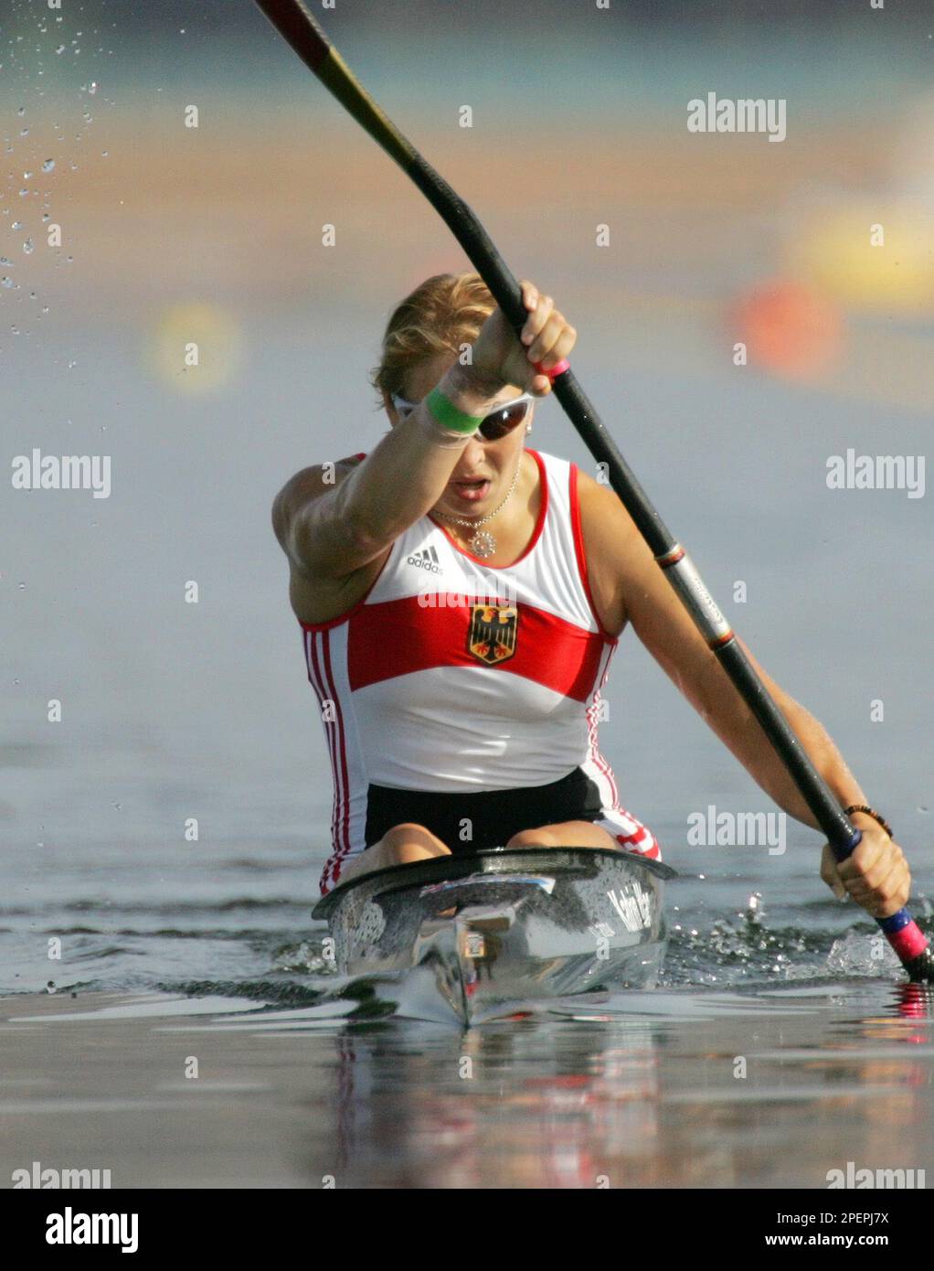 Katrin Wagner of Germany paddles to victory in her Women's K1 500 meter  semifinal, during the kayak flatwater event at the 2004 Olympic Games in  Schinias near Athens, Greece, Thursday, Aug. 26,
