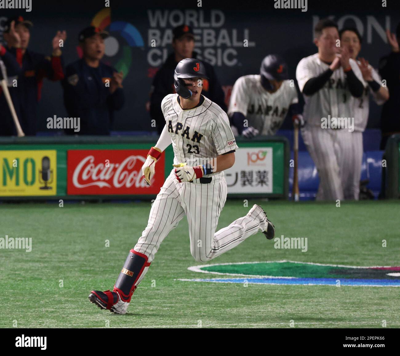 Japan's Lars Nootbaar reacts after hitting a single during the first