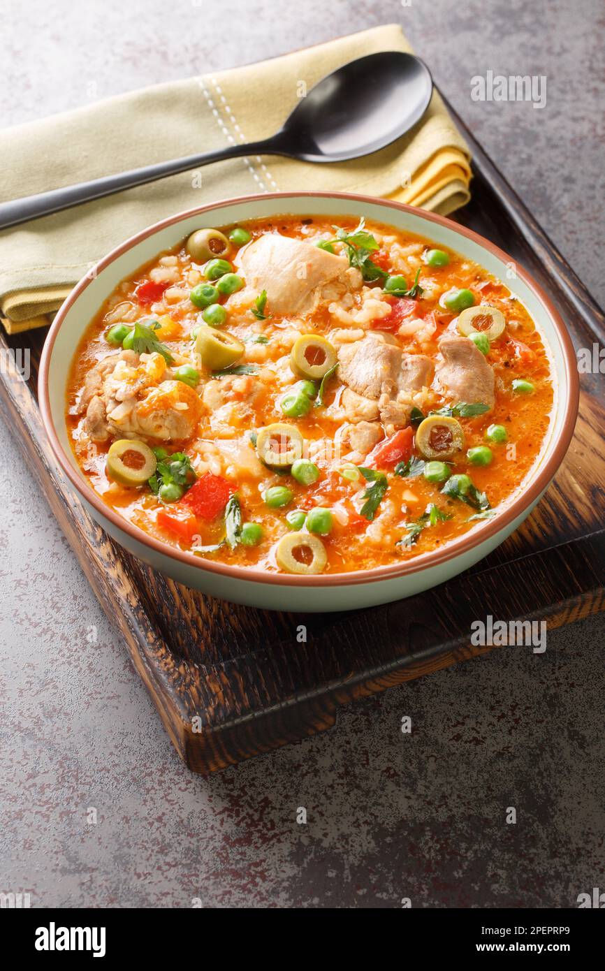 Traditional Puerto Rican Asopao de Pollo chicken and rice stew is