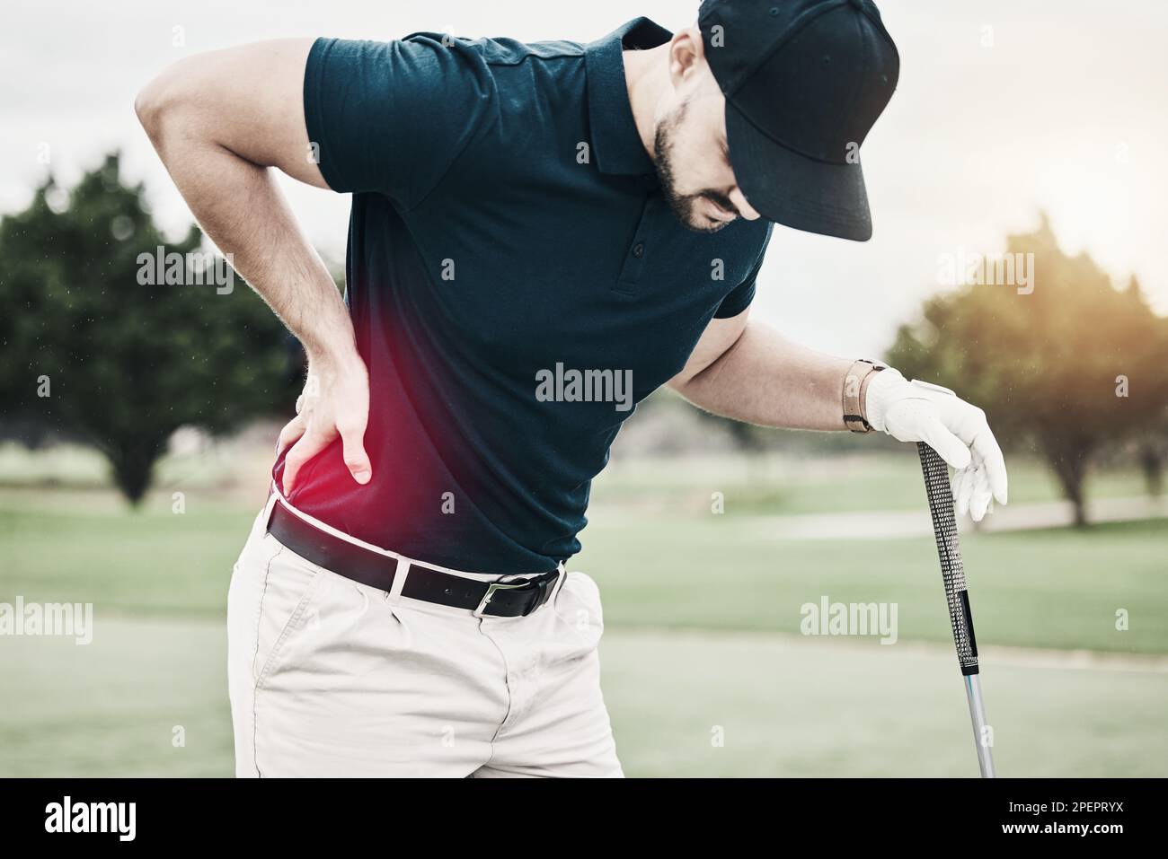 Sports, muscle and golf, man with back pain during game on course