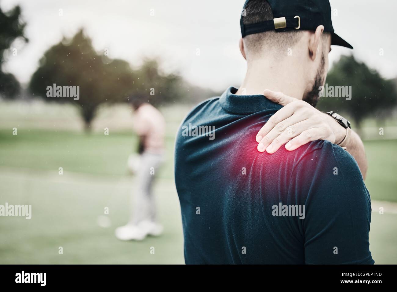 Sports, injury and golf, man with shoulder pain during game on course