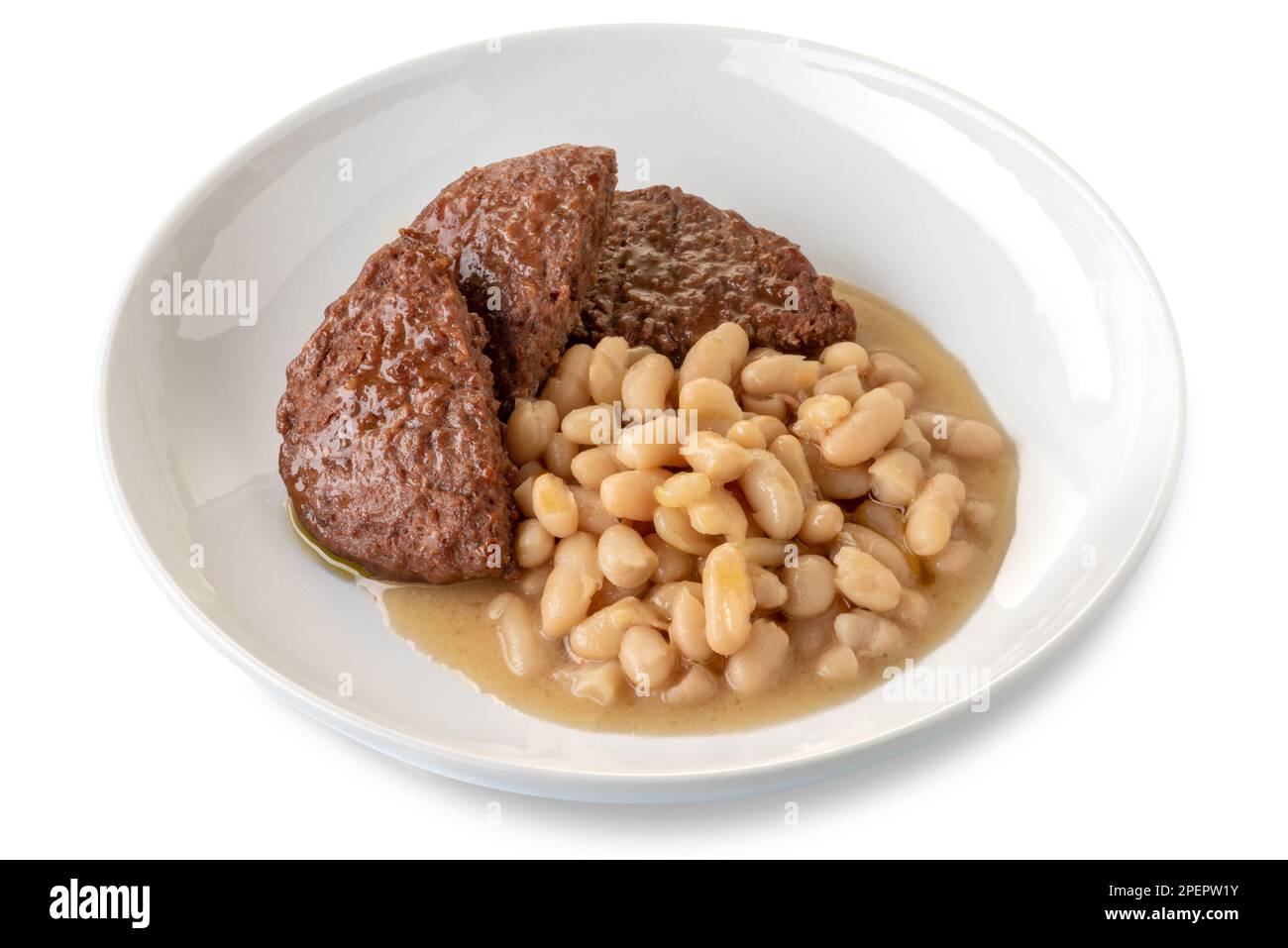Roast beef burger with cannellini bean soup on a white plate, isolated on white, clipping path included Stock Photo