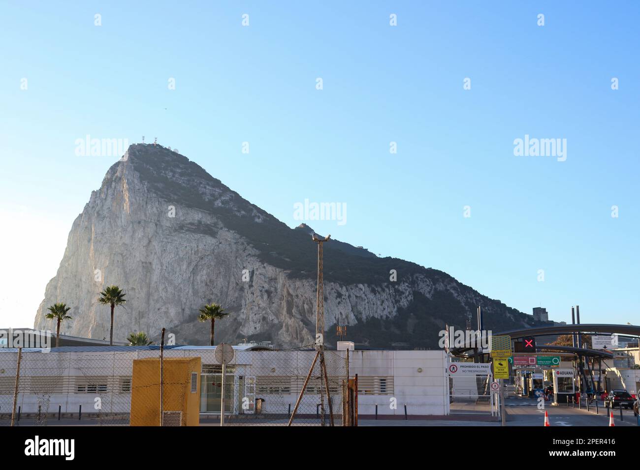 The Border Gate of La Linea City, Spain to Gibraltar with the Rock of Gibraltar as the Background Stock Photo