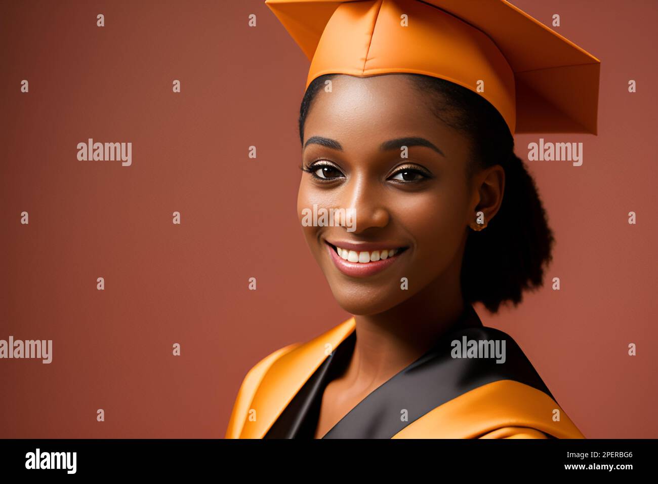 Portrait of young African American smiling female student in hat and ...