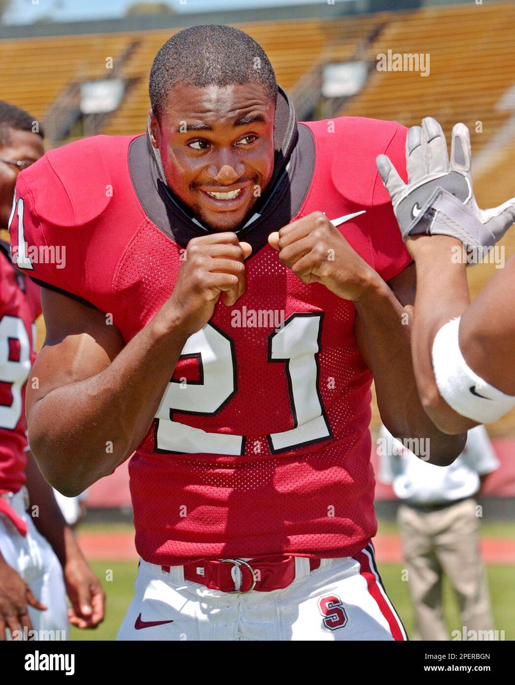 Stanford free safety Oshiomogho Atogwe spars with a teammate during  practice in Stanford, Calif., Sunday, Aug. 15, 2004. Atogwe is the team's  leader in tackles the past two seasons. (AP Photo/Paul Sakuma