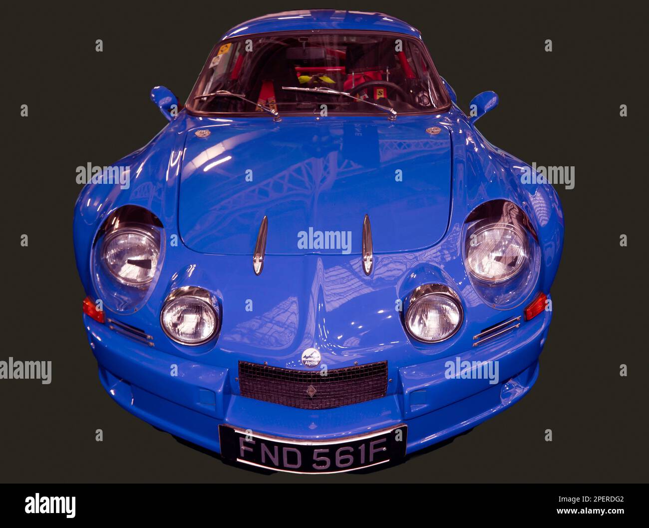 Isolated Front View of a Blue, 1967, Renault Alpine A110, on display at the 2023 London Classic Car Show Stock Photo