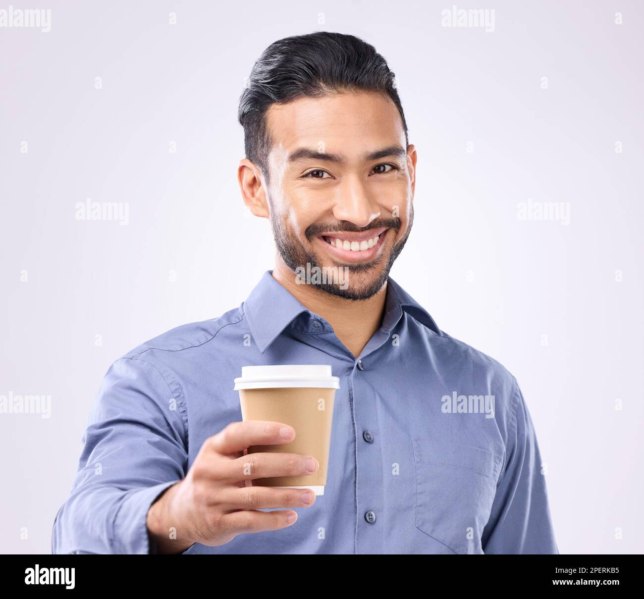 Business man, coffee cup toast and portrait in studio with smile — free download