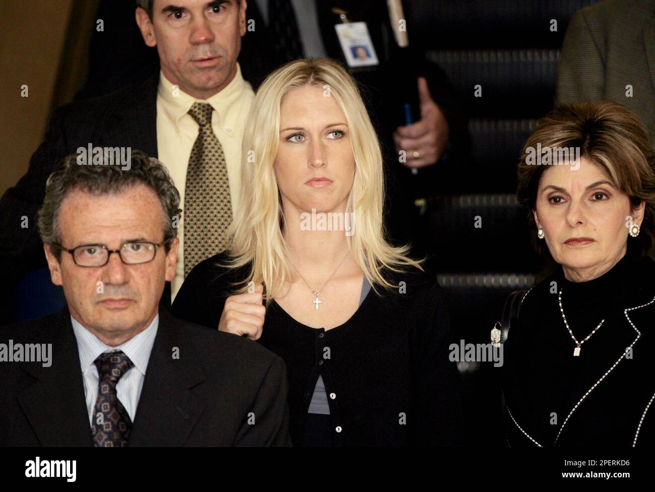 Amber Frey, flanked by her attorneys Nathan Goldberg and Gloria Allred