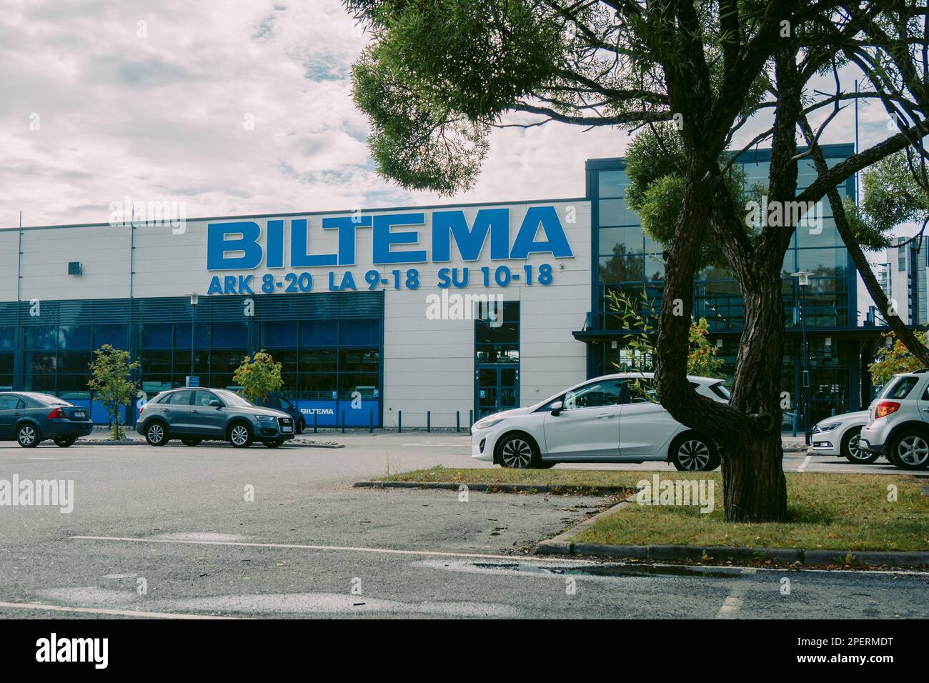 Helsinki, Finland August 22, 2022 BILTEMA store. Blue sign above