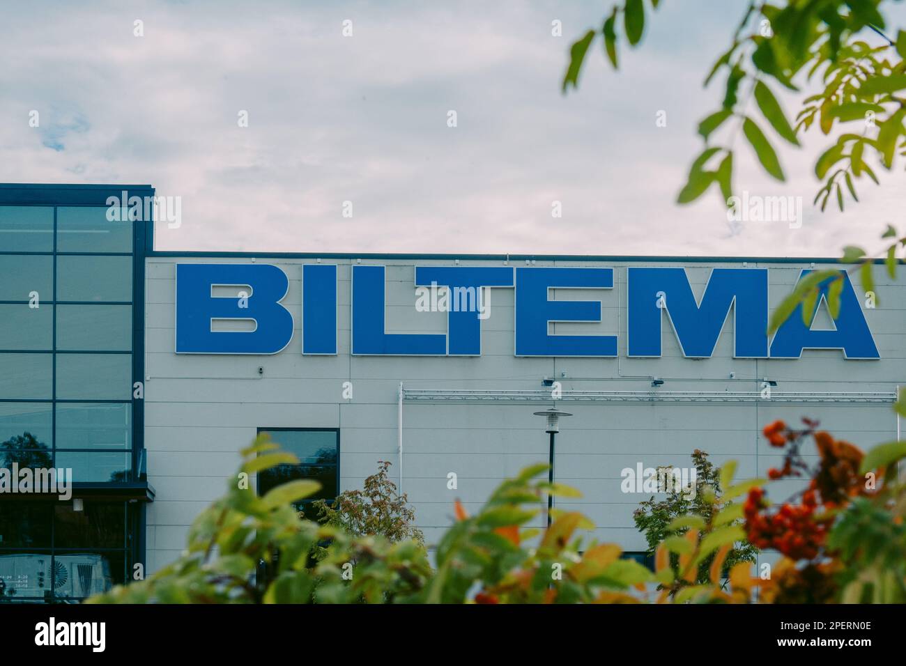 Helsinki, Finland August 22, 2022 BILTEMA store. Blue sign above