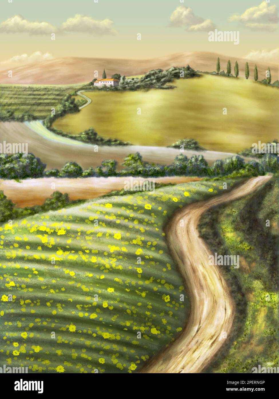 Farmland in Tuscany, Italy. Original digital illustration Stock Photo