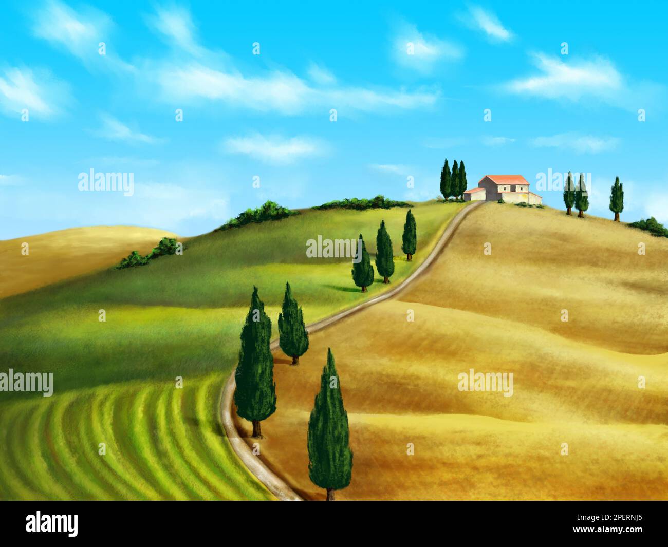Farmland in Tuscany, Italy. Original digital illustration Stock Photo