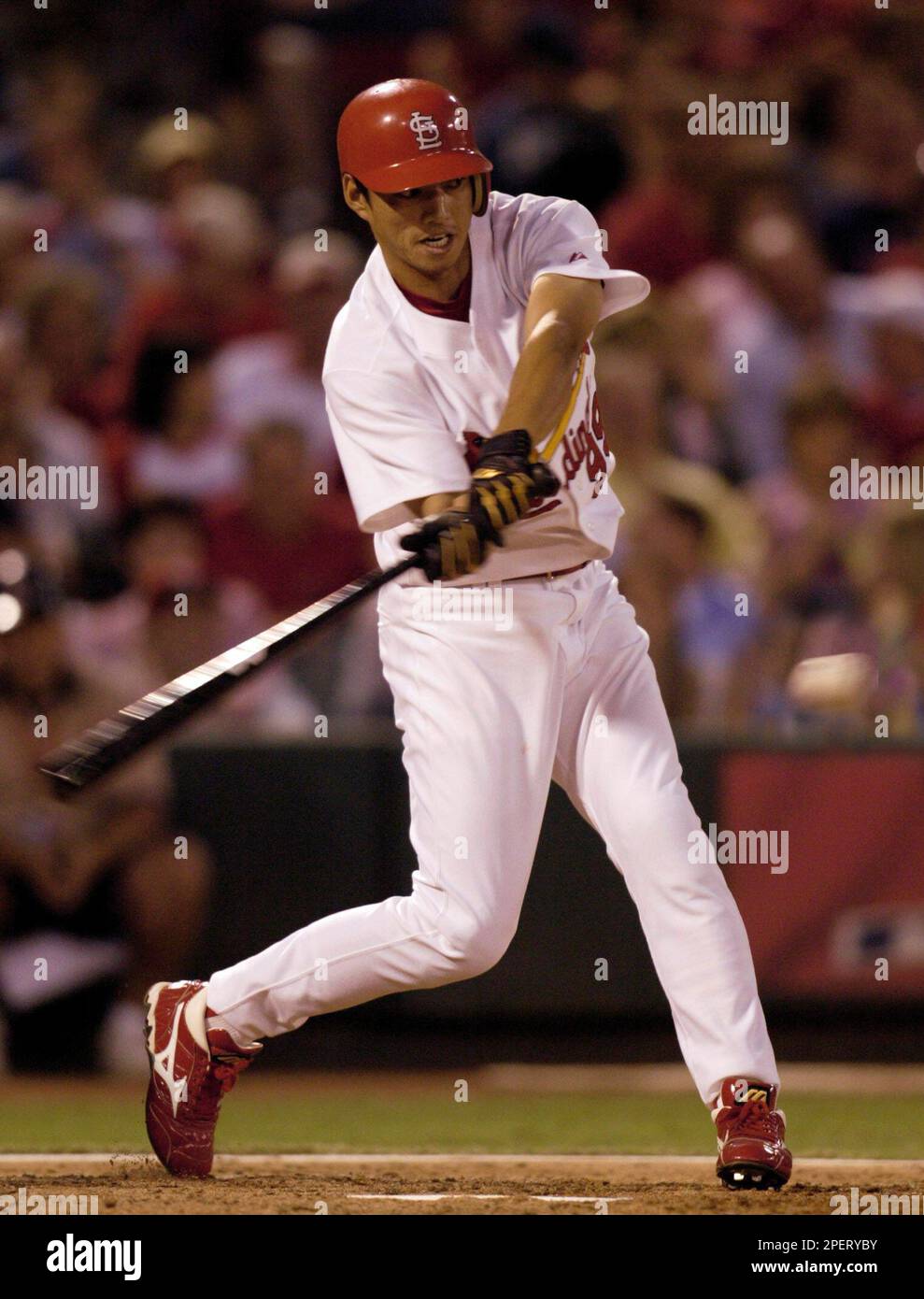St. Louis Cardinals So Taguchi of Japan connects for a single