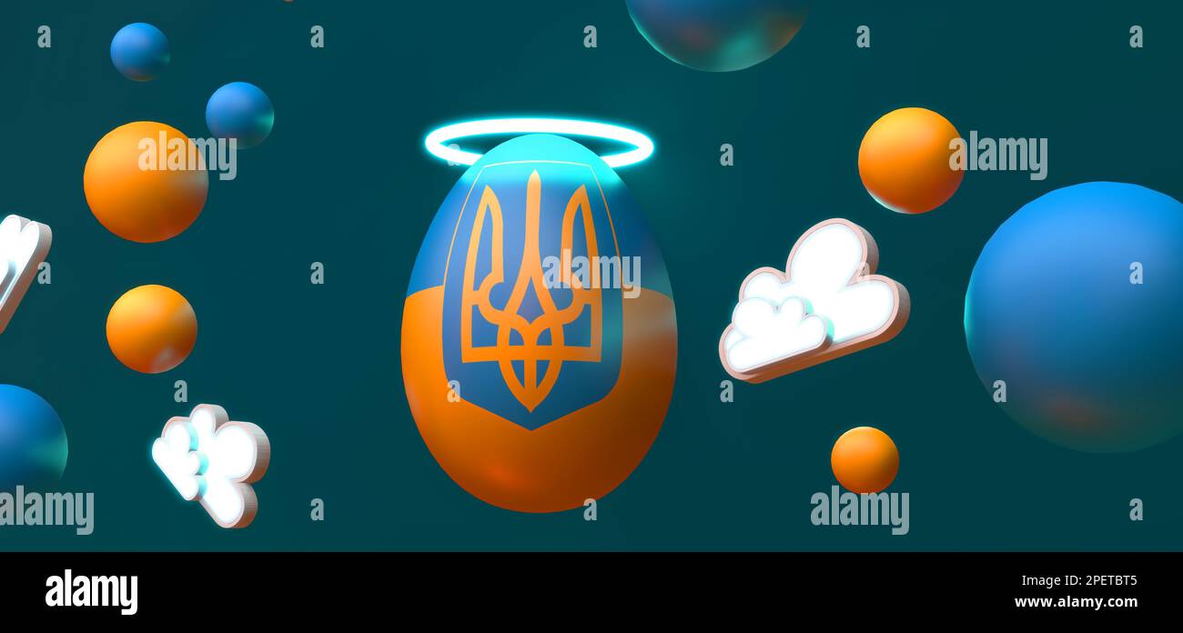 Happy Easter, Wallpaper Easter Ukraine. Background with Angel egg flight in space and colors flag Ukraine. 3D work and 3D image. copy space Stock Photo