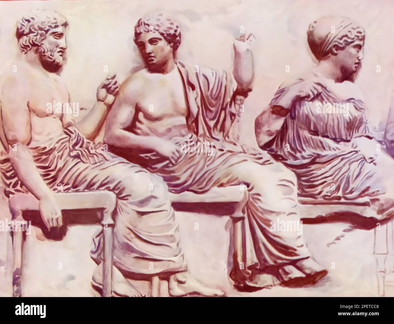 An illustration of a detail from the eastern frieze of the Parthenon, Greece. Showing from the left the gods Poseidon, Apollo or Dionysos and the goddess Peitho or Demeter. Stock Photo