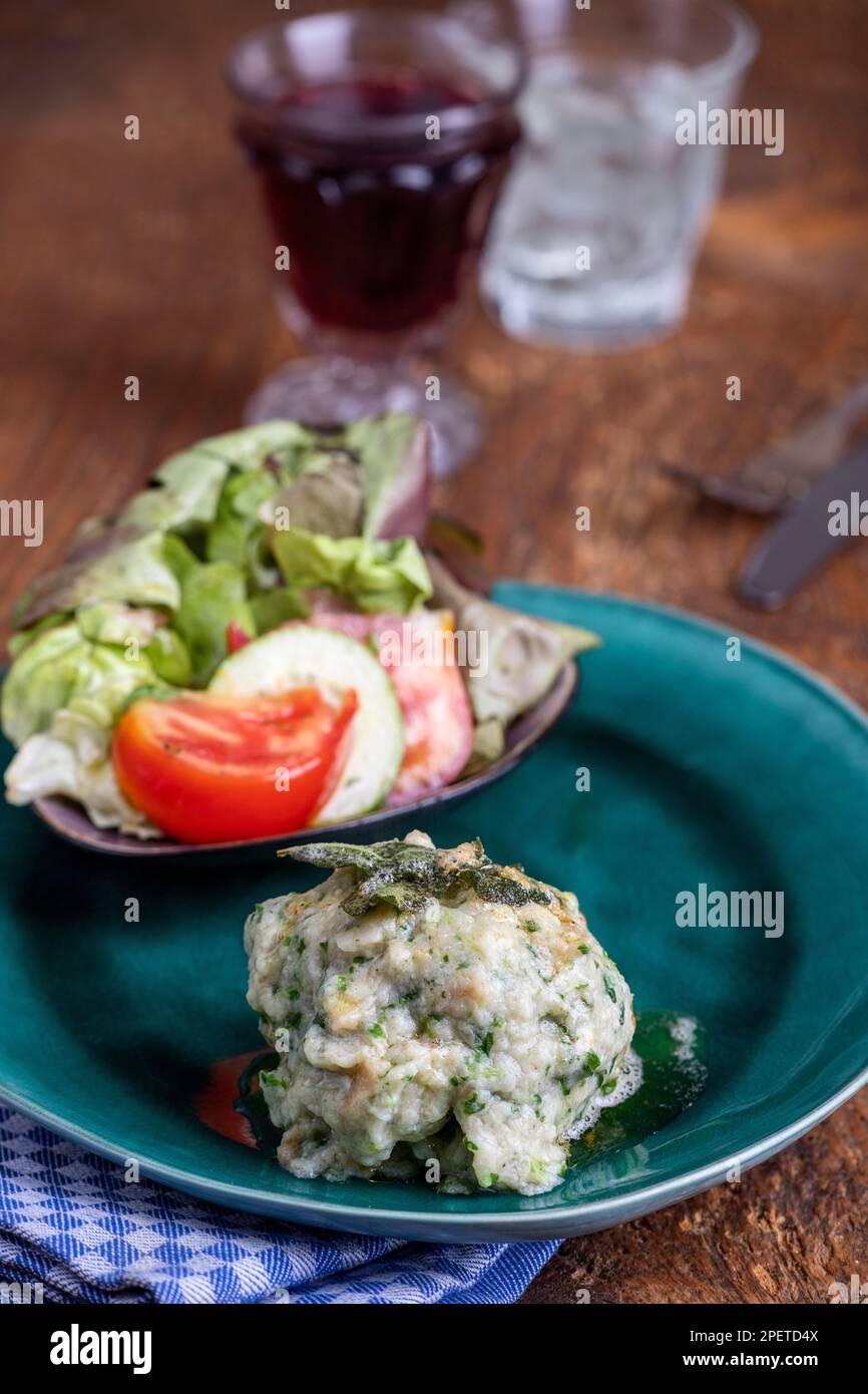 Rustic Spinach Dumpling With Salad Stock Photo