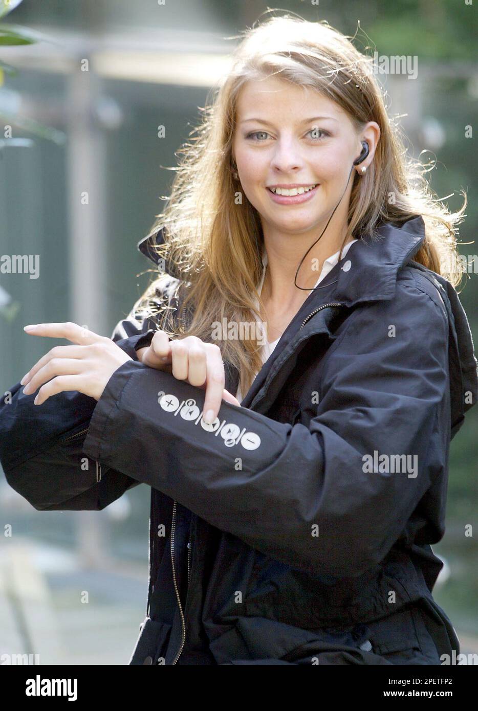 Model Naike displays the latest jacket from German label Rosner with  integrated mp3 and cell phone technology on Monday, July 26, 2004 in  Duesseldorf, Germany. The mp3blue jacket will be presented at