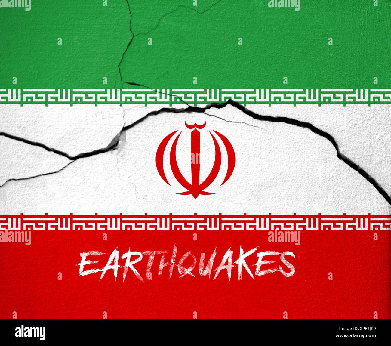 Earthquakes in Iran, flag Iran on a wall with cracks from an earthquake ...