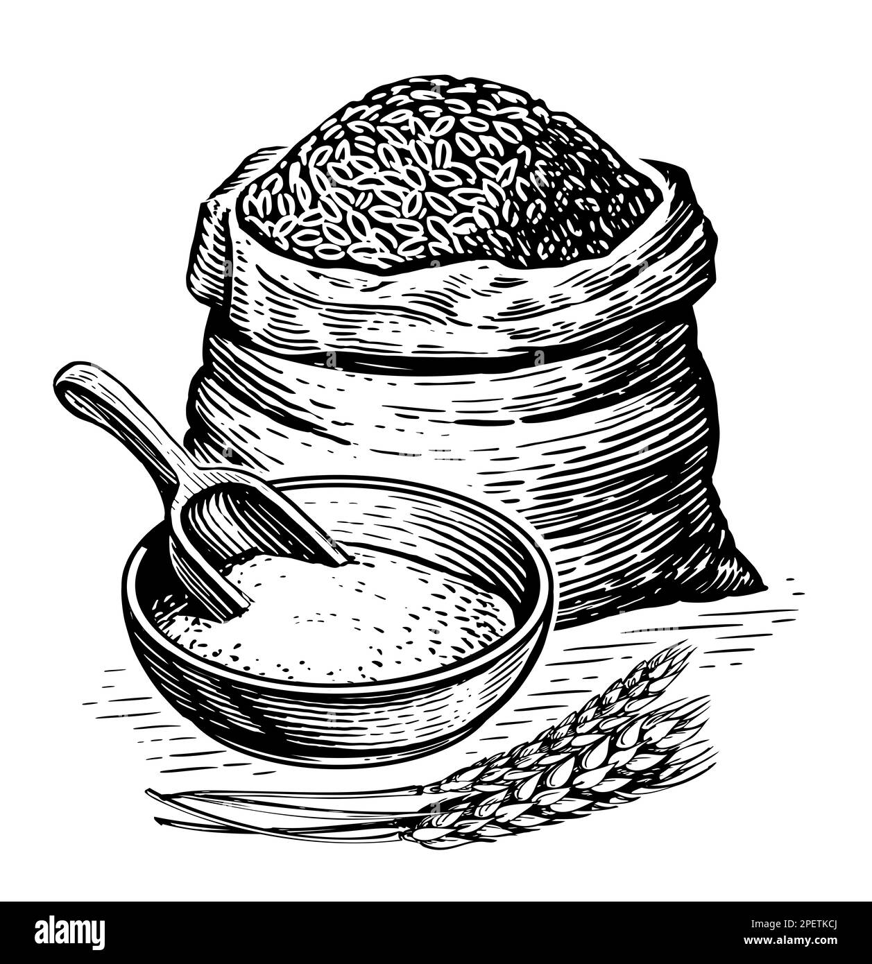 Sack or burlap bag, wholemeal bread flour, barley grains, wooden scoop and ears of wheat. Farm