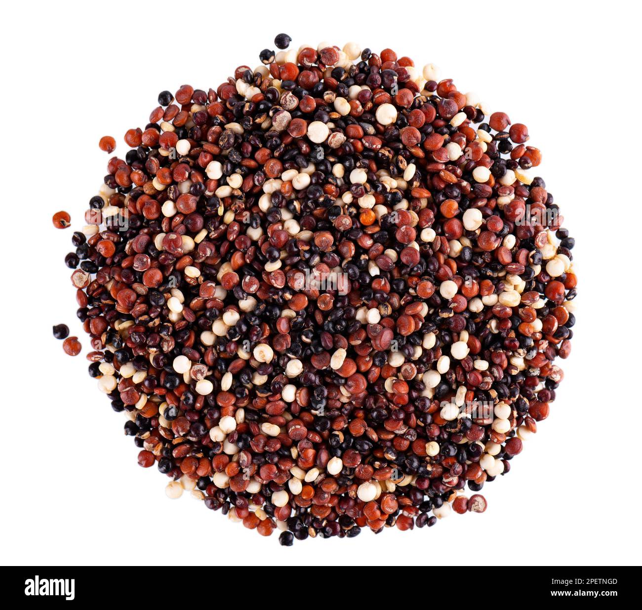 Quinoa seeds isolated on white background. Mix of white, red and black quinoa. Top view Stock
