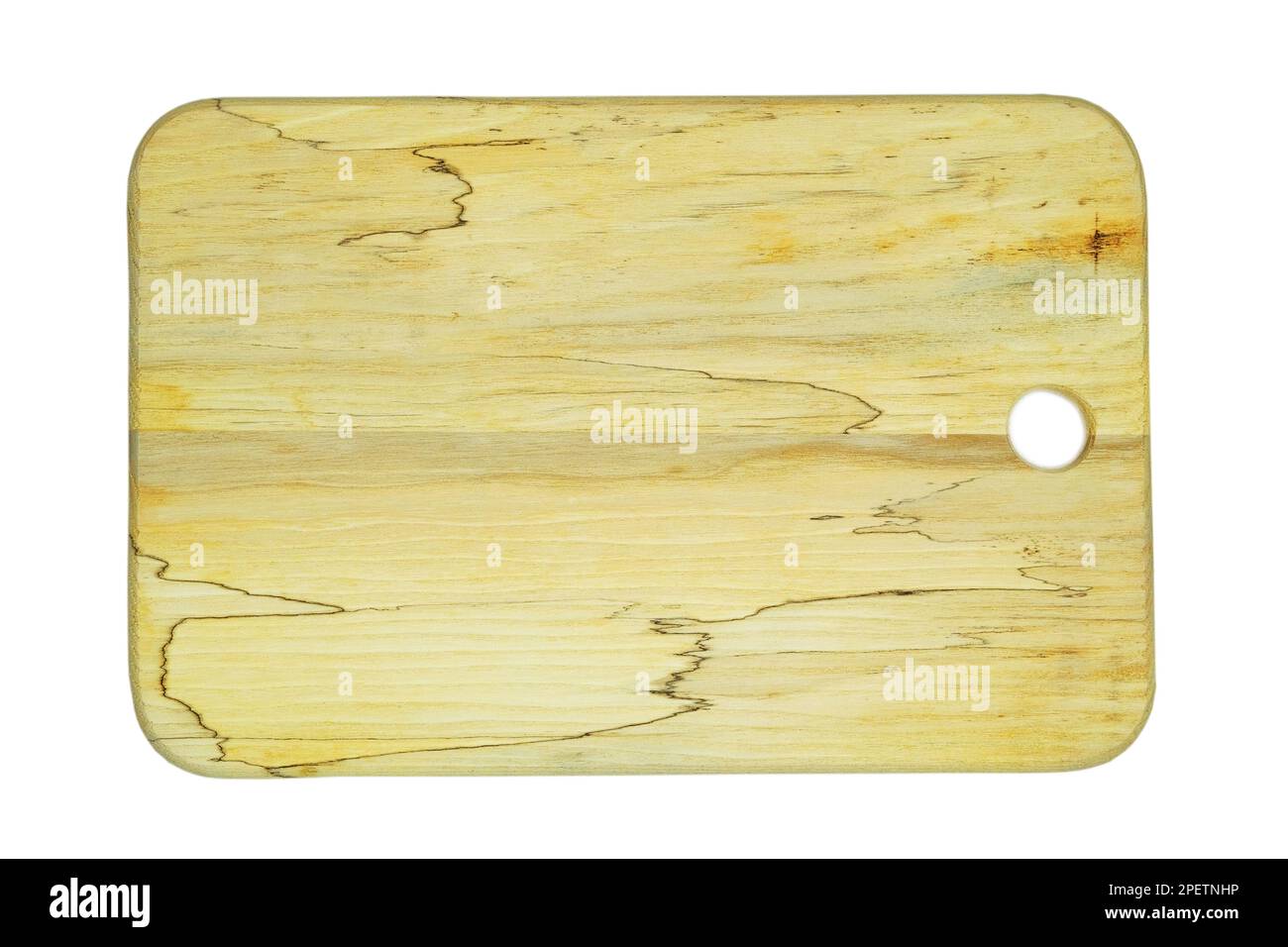 Brown woodcutting board and drill hole for hanging isolated on white