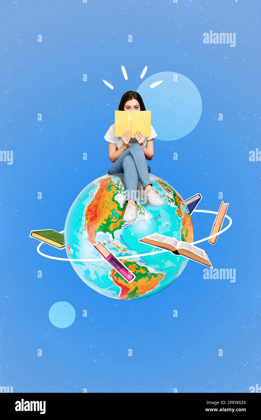 Minimal collage photo of young student girl reading favorite