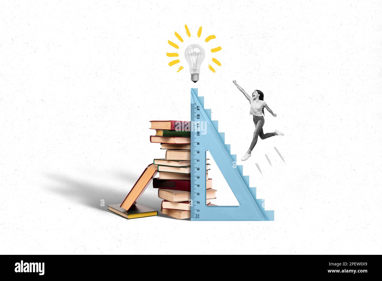 Picture of creative collage reaching high ruler jump girl fist up ...
