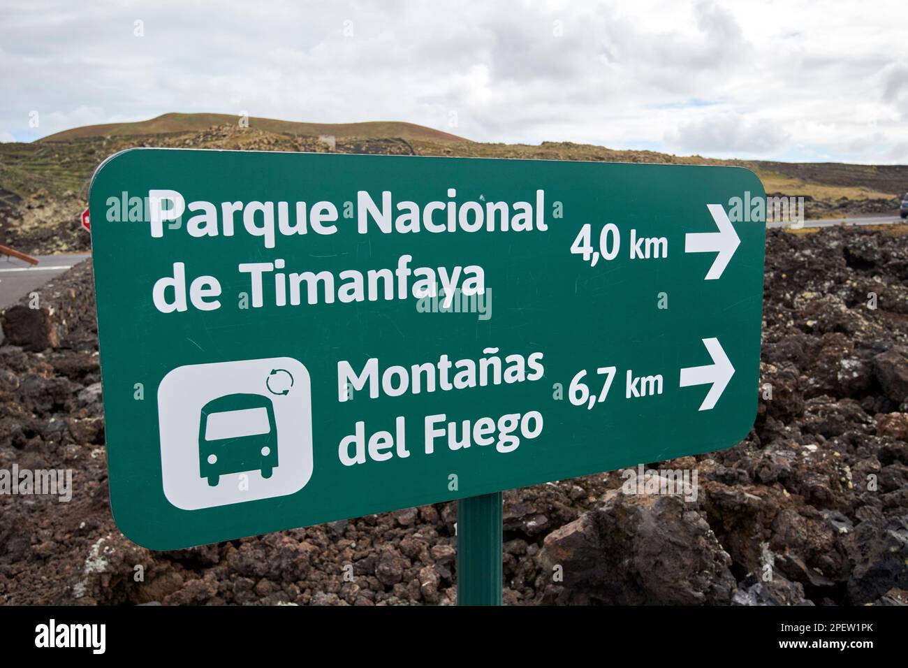 signpost for parque nacional de timanfaya and montanas del fuego bus tour Lanzarote, Canary Islands, Spain Stock Photo