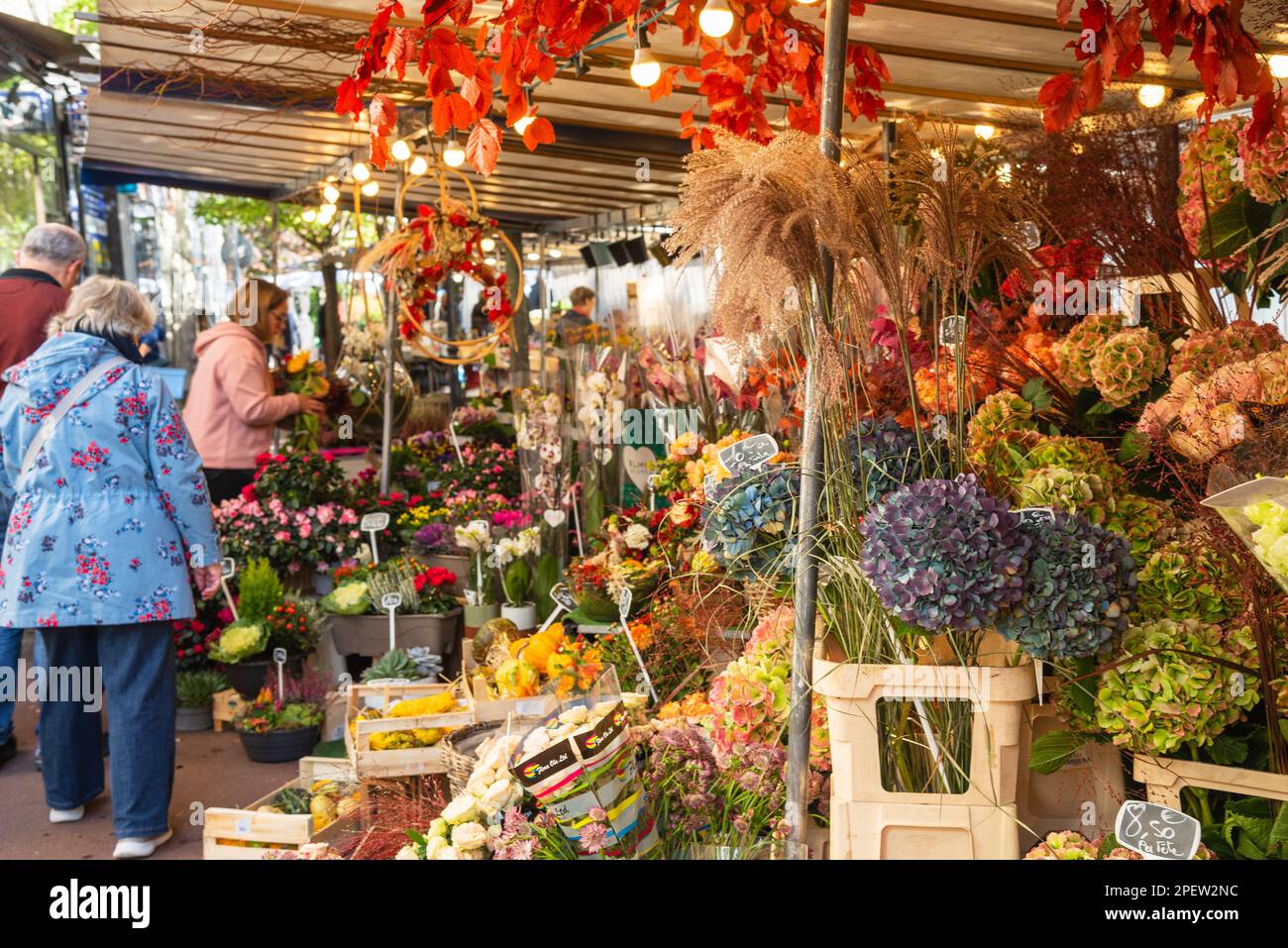 Saint-Maur-des-Fosses, France - October 8, 2022: Senior people buy flowers at street farmers market at Parisian suburb. Stock Photo