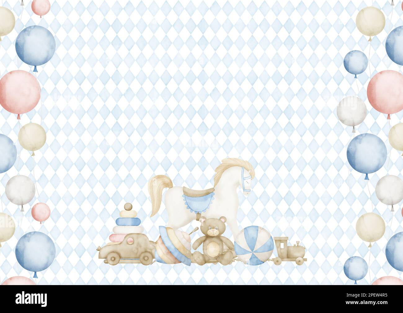 Template for Baby Shower greeting card with toys and balloons in pastel