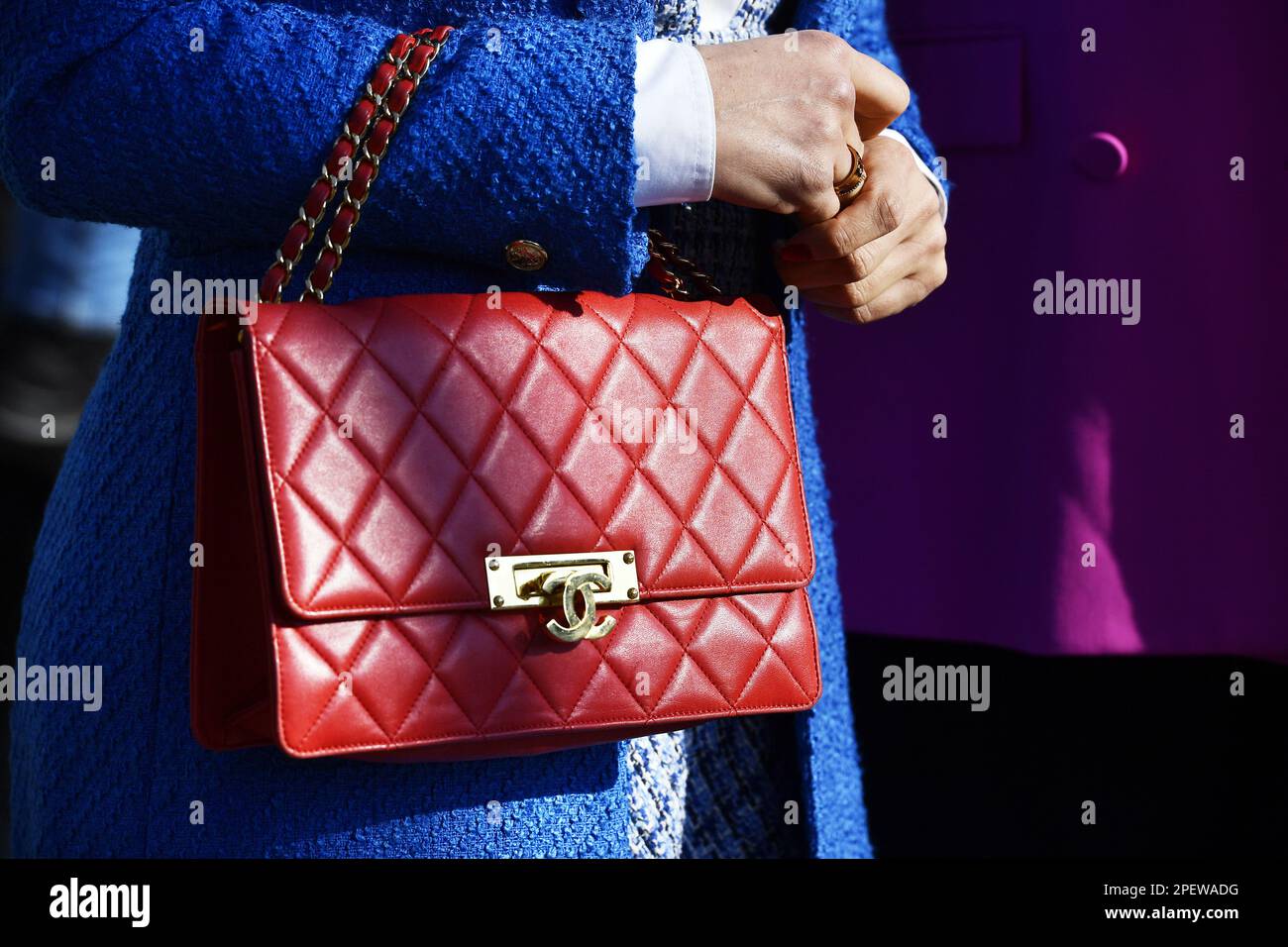 A pink Chanel bag outside Chanel during Paris Fashion Week Haute