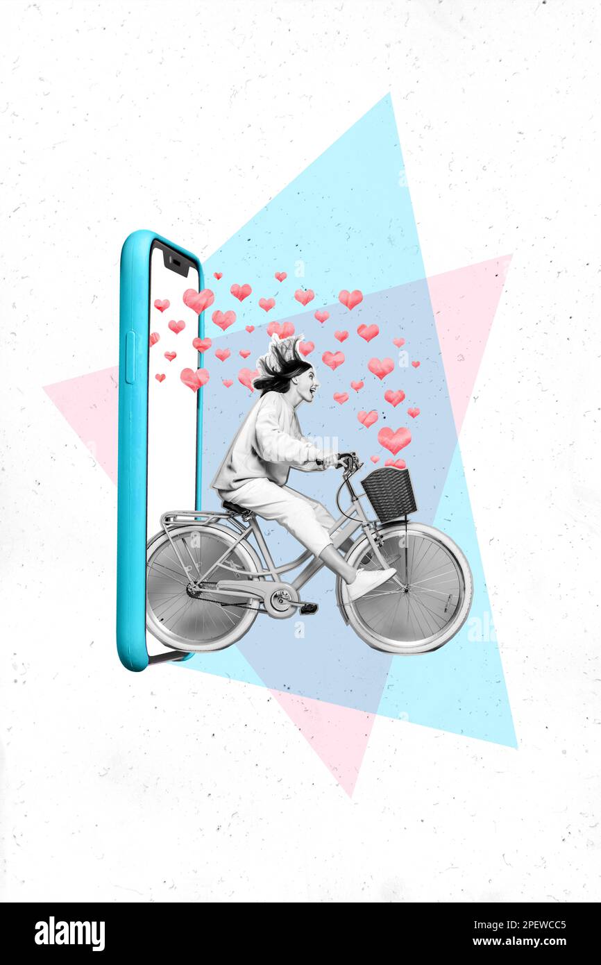 Collage 3d pinup pop retro sketch image of excited lady riding cycle modern device screen getting likes isolated painting background Stock Photo