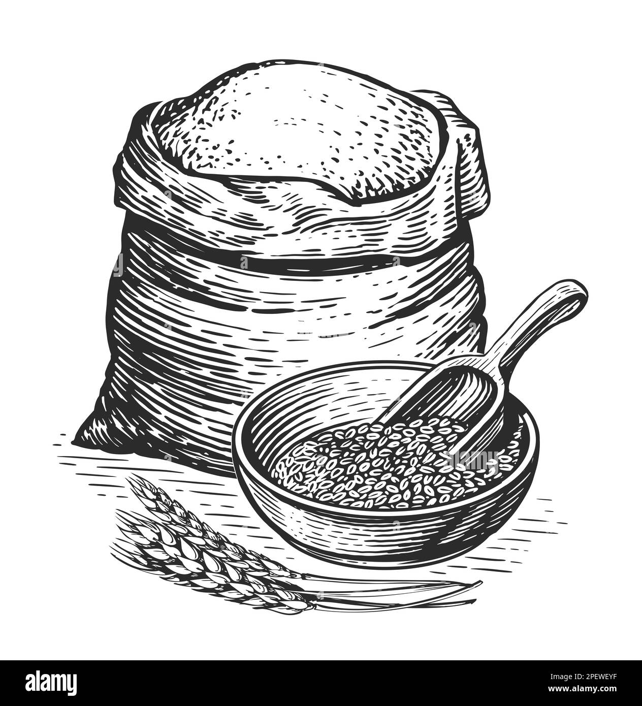 Sack or burlap bag with wholemeal bread flour, barley grains, wooden