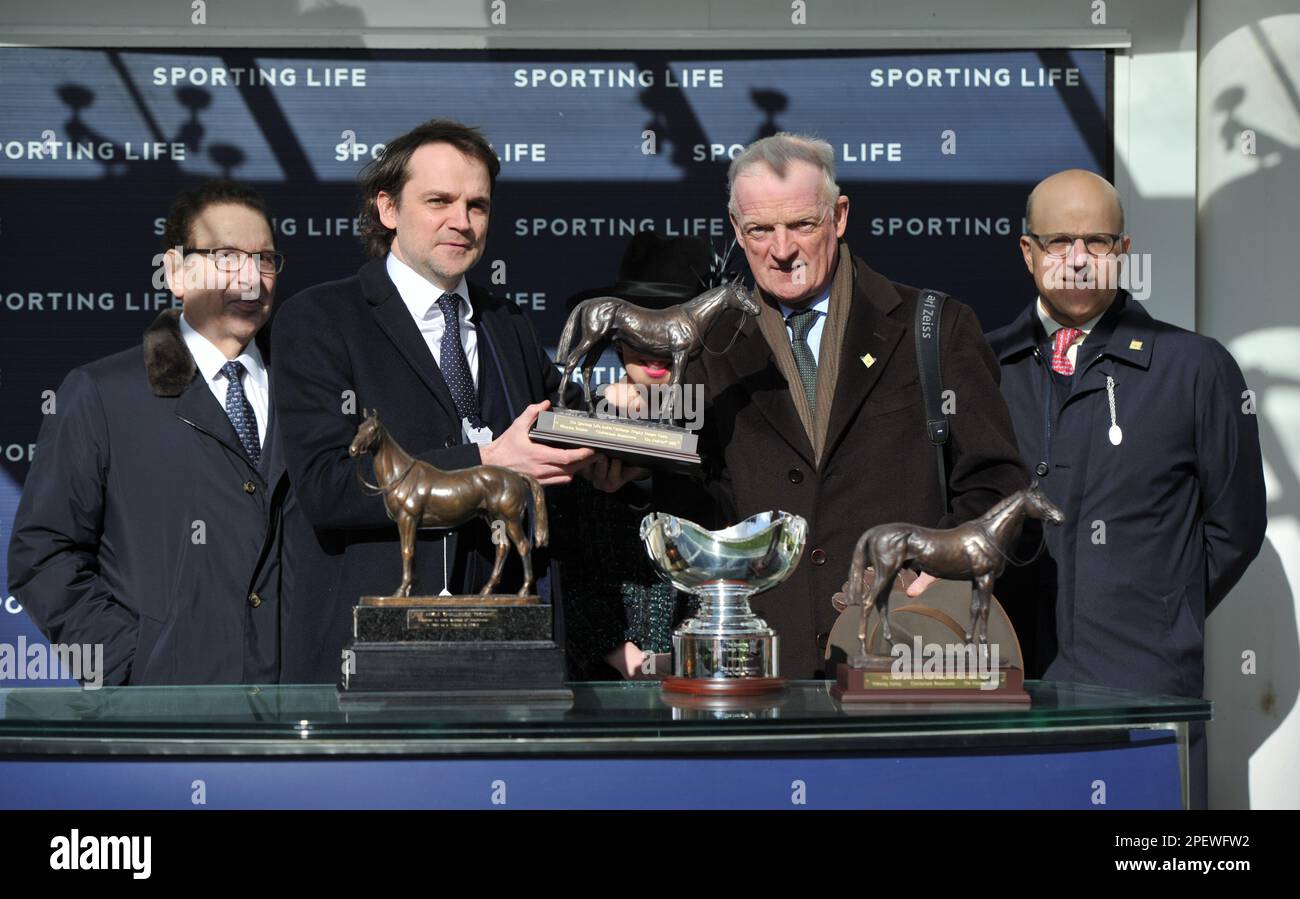 Race 2 The Sporting Life Arkle Trophy   Race winner El Fabiolo's winning trainer Willie Mullins    Horse racing at Cheltenham Racecourse on Day 1 of t Stock Photo