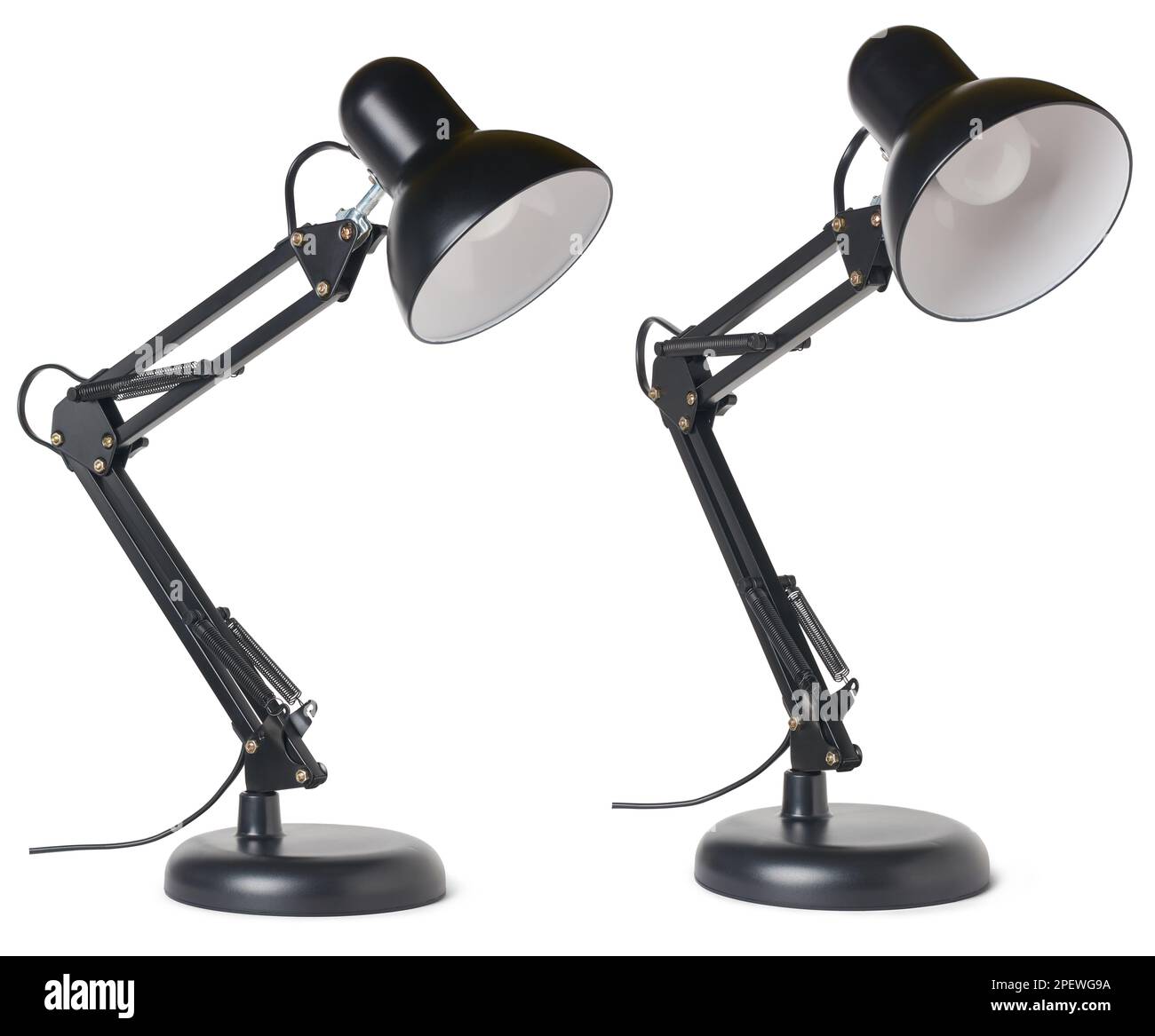 set of vintage black desk lamp isolated on white background, taken in different angles, interior office or home decoration concept, template mock-up Stock Photo