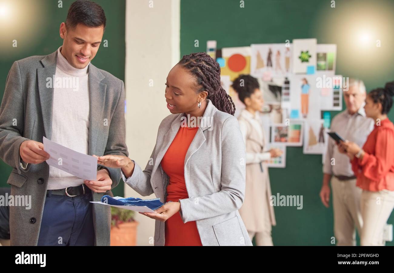 Teamwork, designers or people fashion meeting for planning clothing