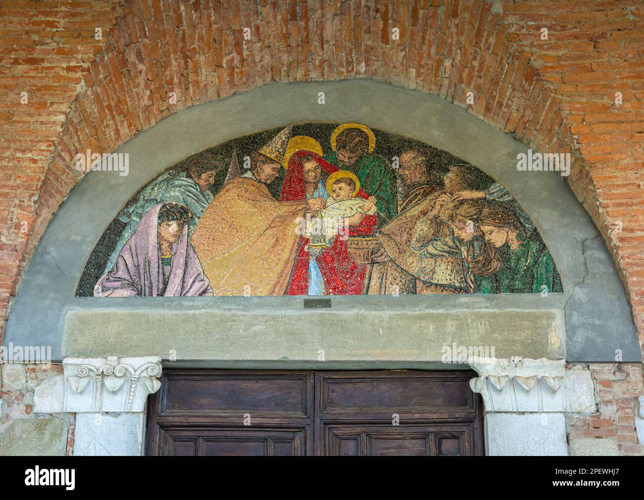 Mosaic facade (adoration of the Magi - 1886) of the ancient church of San Michele Arcangelo in Antraccoli, Capannori,Lucca, Tuscny- Italy Stock Photo